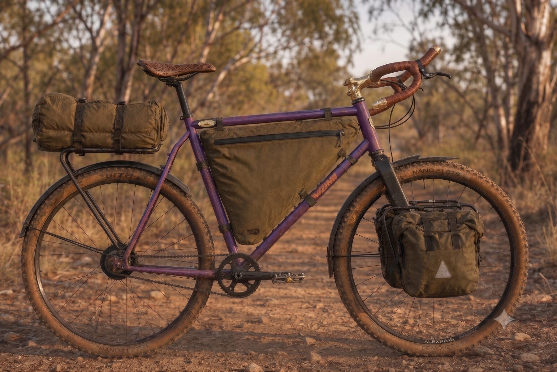 The accepted render: purple Wizard with brown-tan tyres, a gold stem, brown-wrapped drop bars, a full waxed-canvas frame bag, olive panniers on a front rack, a rear rack with a dry bag, black fenders